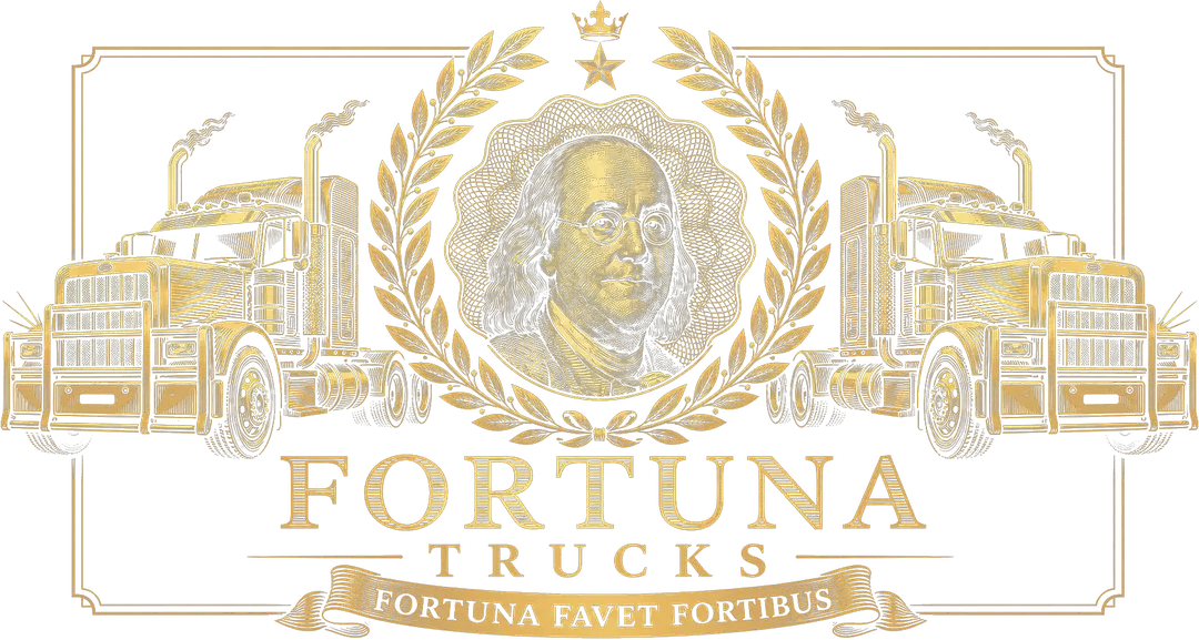 Fortuna Trucks crest — a gold engraved Benjamin Franklin in a laurel wreath flanked by two trucks, over the wordmark Fortuna Trucks and the motto Fortuna Favet Fortibus